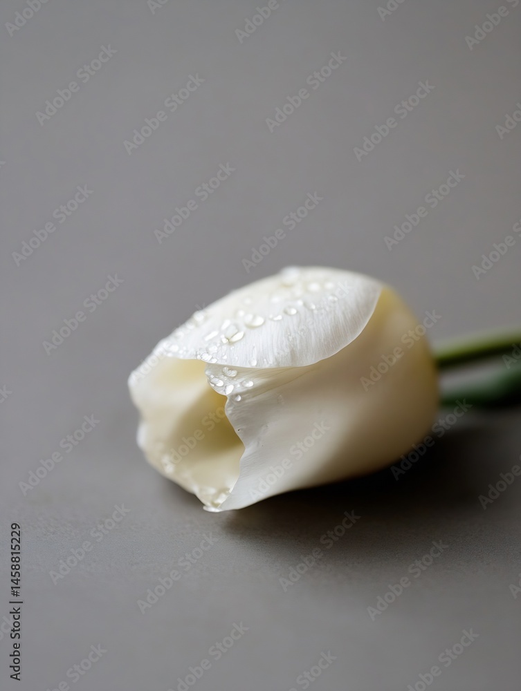 Poster single white tulip with water droplets, lying on a gray surface. close-up view showcasing delicate p