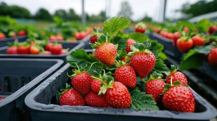 Freshly picked strawberries in dark plastic containers.