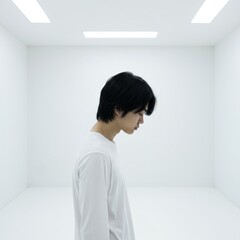 Young Man in White Room, Pensive Portrait
