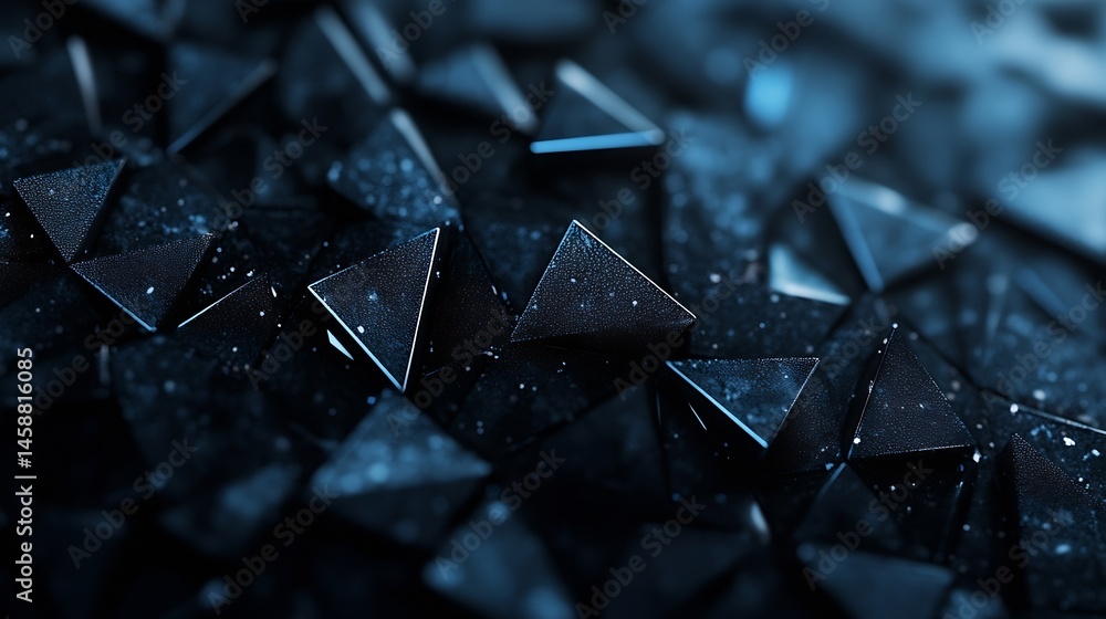 Poster abstract dark blue textured pyramids, 3d rendered geometric shapes, close-up view of a multitude of 