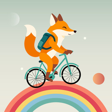 Fr&ouml;hlicher Fuchs mit Rucksack f&auml;hrt Fahrrad &uuml;ber einen bunten Regenbogen vor pastellfarbenem Himmel. Moderne, minimalistische Illustration mit klaren Linien und sanften Farben.