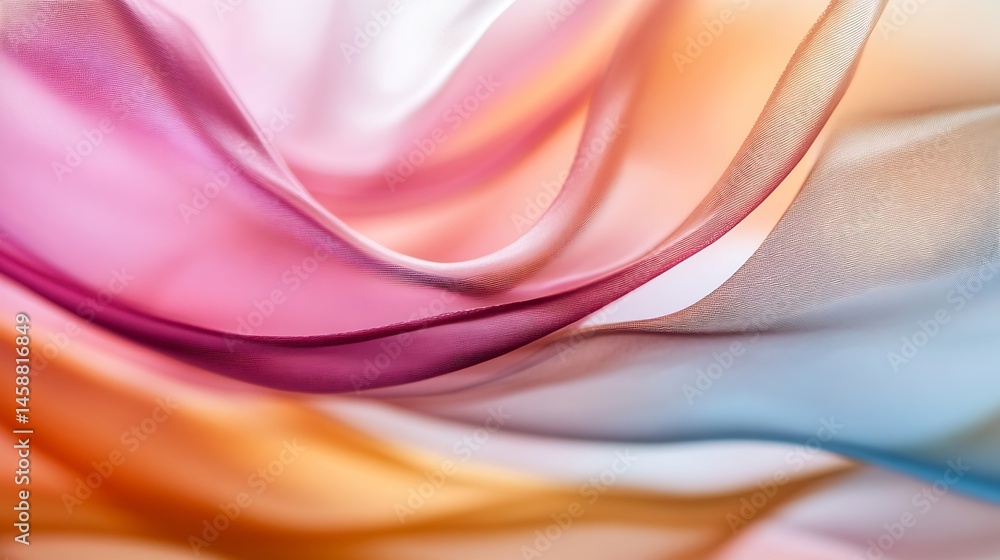 Poster abstract image of flowing pastel fabric, showcasing soft pink, orange, and blue hues in a dynamic, w