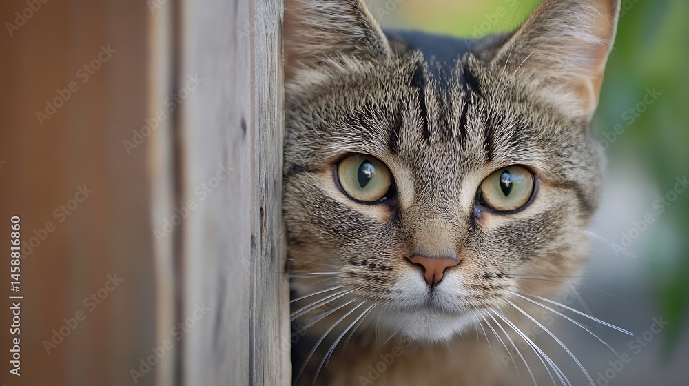 Poster close-up portrait of a curious tabby cat peeking from behind a wooden fence, its green eyes wide and