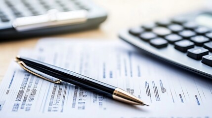 Close-up of a gold-tipped pen resting on financial documents, a calculator subtly blurred in the background, suggesting concepts of finance, accounting, or business. : Generative AI
