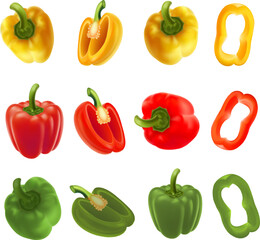 Comprehensive set of bell pepper illustrations featuring yellow, red, and green varieties. The collection includes whole peppers, halved peppers displaying the seeds