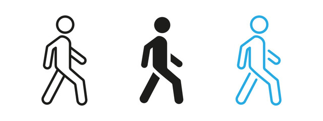 Pedestrian icon. Walking human figure vector illustration. Symbol of urban mobility and public movement. Used for traffic signs, crossings and navigation interfaces.