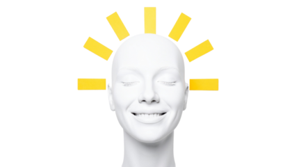 Smiling face with closed eyes and sunshine rays above the head, symbolizing happiness, isolated on white Bg