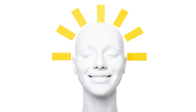 Smiling face with closed eyes and sunshine rays above the head, symbolizing happiness, isolated on white Bg