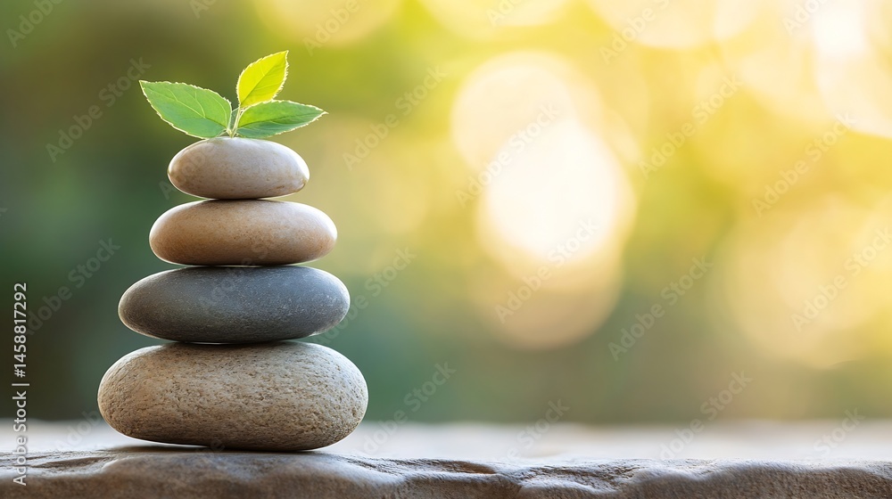 Poster serene stack of stones with a sprout, a symbol of growth and tranquility in a soft, sunlit natural s