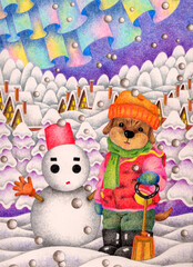 手描き・動物イラスト - 子犬・雪景色・積雪・降雪・雪国