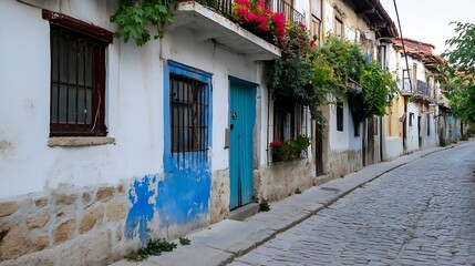 Fototapeta premium A picturesque cobblestone street in a historic European village, featuring charming whitewashed houses with blue doors and windows, adorned with vibrant flower boxes and climbing plant : Generative AI