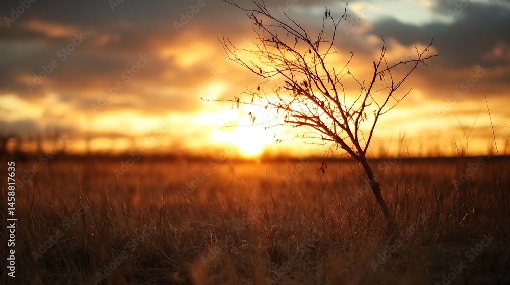Poster Silhouette of a leafless tree at sunset, standing in a field of tall grass, bathed in warm golden light, creating a serene and peaceful landscape. : Generative AI