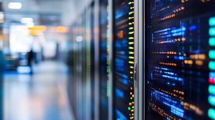 A close-up view of illuminated server racks in a modern data center, showcasing intricate details of network hardware and digital information processing. : Generative AI