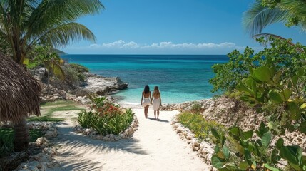 Two people walk together along a sandy path toward the turquoise ocean, surrounded by vibrant greenery and palm trees