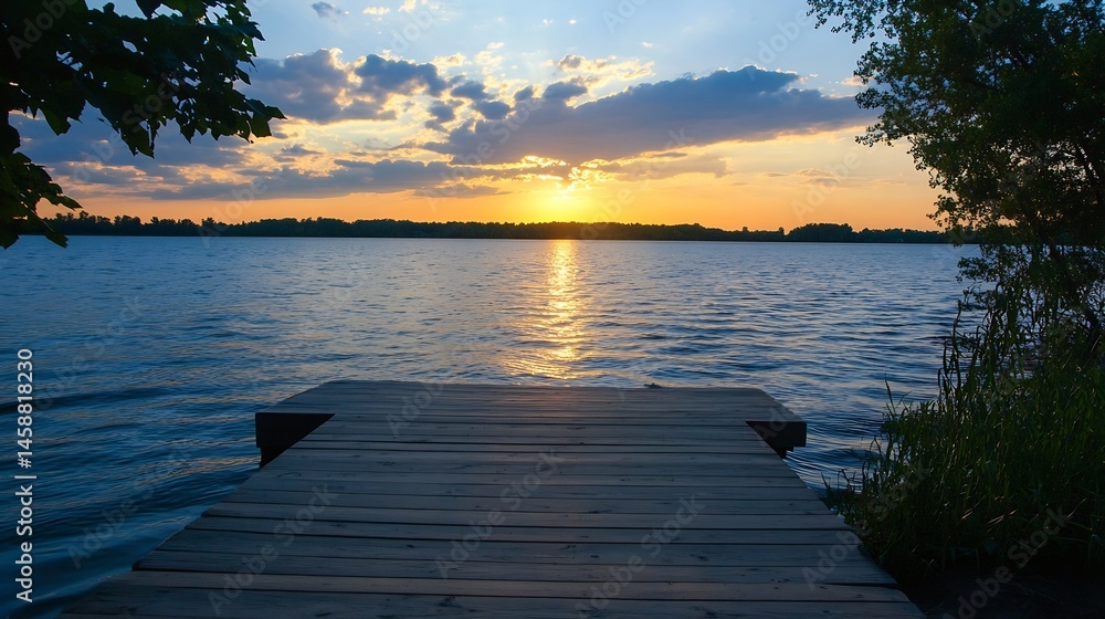 Aufkleber serene sunset over calm lake water, viewed from wooden dock extending into the water. silhouetted tr