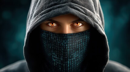 Cyber crime hacking forensics concept. Mysterious figure in a hoodie with binary code mask, suggesting themes of technology and anonymity.