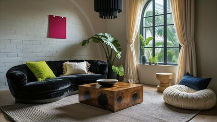 Generative AI, Gothic Living Room with Black Velvet Sofa