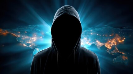 Cyber crime hacking forensics concept. Mysterious figure in a dark hoodie against a glowing world map background.