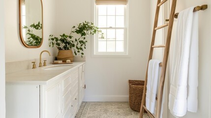 Modern bathroom with a white countertop and white cabinets. on the left side of the image, there is a white sink with a gold faucet and a mirror above it.