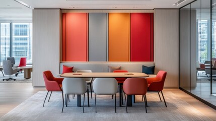 Agile working zone with movable furniture, breakout areas, and colorful acoustic panels