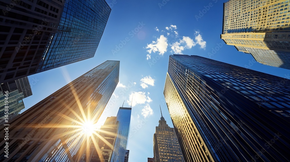 Poster low angle view of skyscrapers in a city, sunlight reflecting off glass buildings, creating a radiant