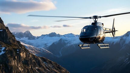 Black helicopter flying over a majestic snow-capped mountain range at sunset, showcasing breathtaking alpine scenery and adventure. : Generative AI