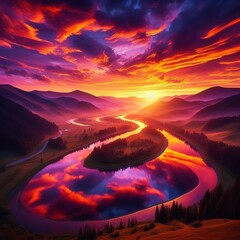 Sunset sky of flame orange and purple mirrored in a winding vall
