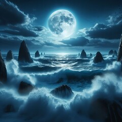 The sea rages beneath a full moon
