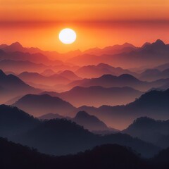 The sun sinks behind layered mountain silhouettes