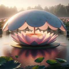 The Lotus Emerges from a pond petals opening as solar shades clo