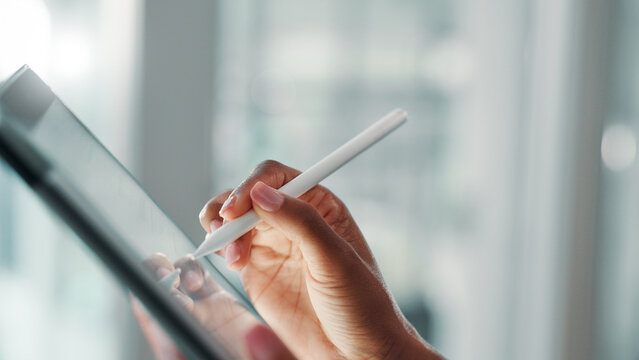 Tablet, stylus and hands of woman for creative project, cartoon illustrator and drawing with closeup in office. Space, art and tech, animator for digital comic and graphic design at media startup