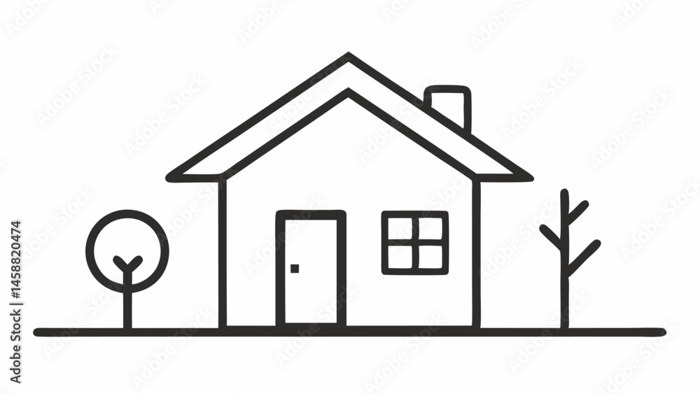 Poster simple line drawing of a house a basic line drawing of a small house with a single tree conveying co
