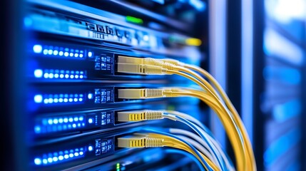 Close-up view of fiber optic cables connected to a server rack, showcasing the intricate network infrastructure and data transfer technology. : Generative AI