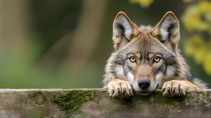 Obraz premium Curious wolf peering over weathered wooden fence, intense gaze, amber eyes, gray, brown fur, natural forest background. : Generative AI