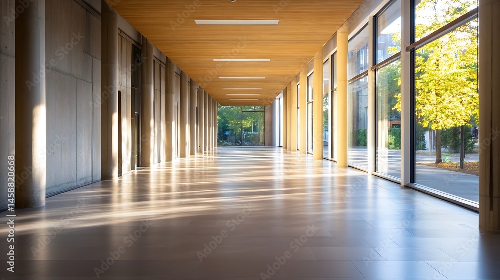 Poster Sunlit modern hallway with concrete columns, wood ceiling, and large windows offering a view of autumnal trees outside. : Generative AI