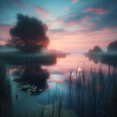 Tranquil Pond A still pond that mirrors the soft pastel hues of