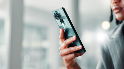 Hands, business woman and phone with internet connection for networking, communication or email. Employee, female person and technology for typing on social media, search and message with space