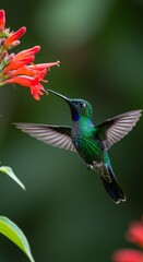 Green Hummingbird Feeding on Red Flower