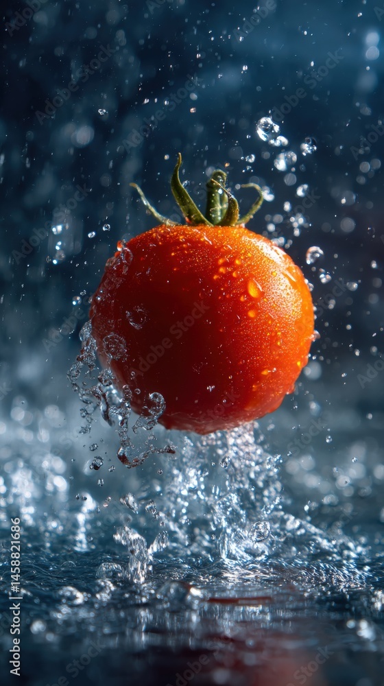 Poster a vibrant red tomato falls into water, creating a dynamic splash with water droplets suspended in mi