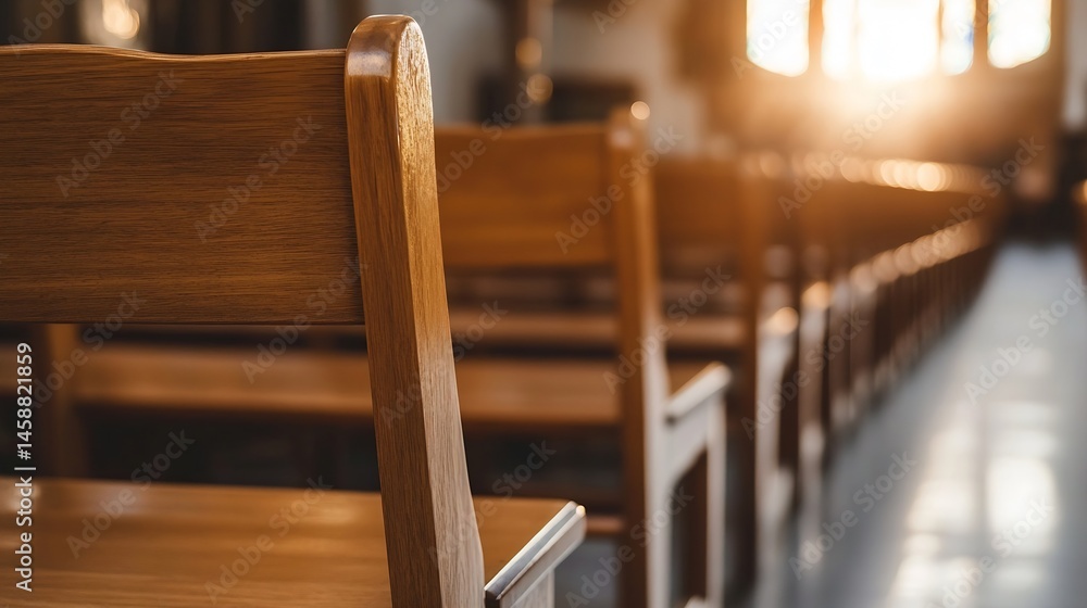 Poster close-up view of wooden pews in a church, sunlight streaming through a window, creating a warm and s