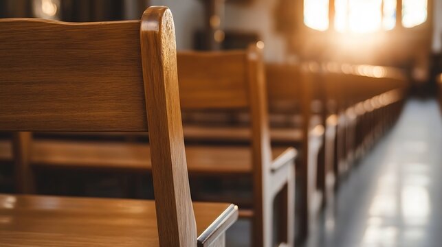 Close-up view of wooden pews in a church, sunlight streaming through a window, creating a warm and serene atmosphere.  The focus is on the detail of the wood grain and the craftsmanshi : Generative AI