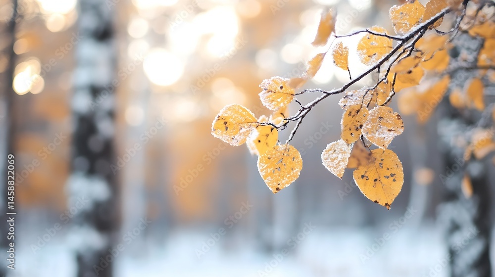 Leinwandbilder close-up of frost-covered autumn leaves on a branch, winter scene in a blurred forest background. su