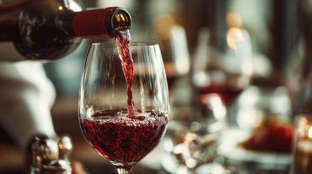 A professional sommelier skillfully pours deep red wine into a glass at an upscale restaurant during an elegant evening dining experience