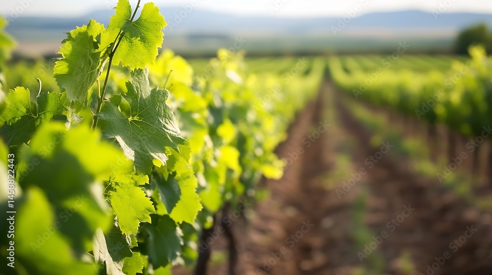 Aufkleber Close-up view of vibrant green grape leaves in a sunlit vineyard, showcasing the rows of vines extending into the blurred background. : Generative AI