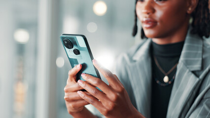 Hands, business woman and typing with phone on internet connection for networking, communication or email. Employee, person and technology for social media, search and message with online platform