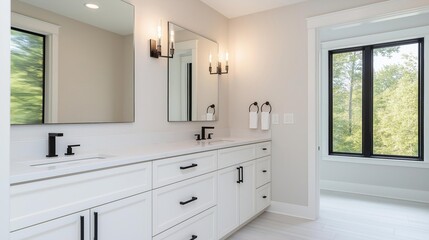 Modern bathroom with a large window on the right side. the window has a view of trees and greenery outside. the walls are painted in a light beige color and the floor is made of white tiles.