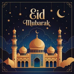 Eid Mubarak Mosque Illustration with Crescent Moon, Golden Minarets, Starry Night, Ramadan Kareem Islamic Festival Greeting Card Design