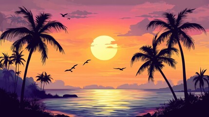 Fototapeta premium A breathtaking view of a beach sunset with a silhouette of palm trees swaying in the breeze, the sky painted in warm shades of orange, pink, and purple as the sun dips below the horizon