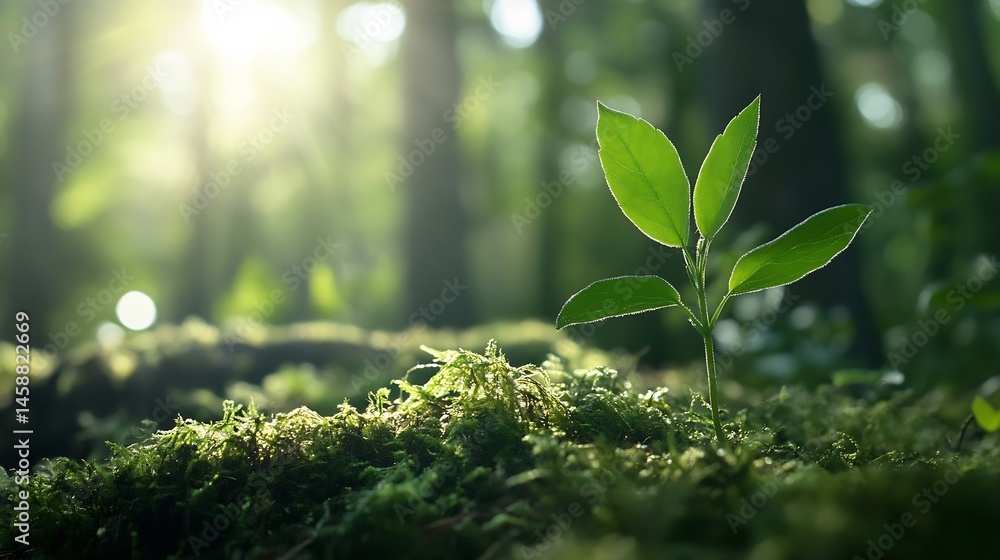 Aufkleber A young sprout emerges from the mossy forest floor, bathed in the soft sunlight filtering through the trees.  New life thrives in the tranquil woodland setting. : Generative AI