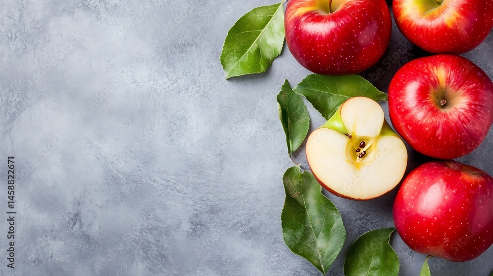 Poster Four red apples with green leaves on a gray textured surface, one apple sliced in half, showing the core and seeds.  A visually appealing image perfect for food blogs, health websites, : Generative AI